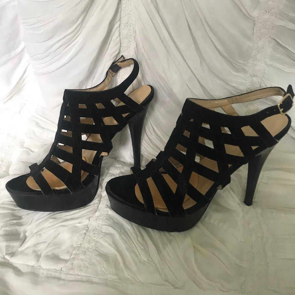 Wet Seal Black Platform Open Toe Sling Back Heels